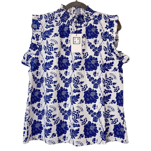 THML Tops - THML Top Womens Size L Blue White Floral Print Smocked High Neck Ruffle Sleeve